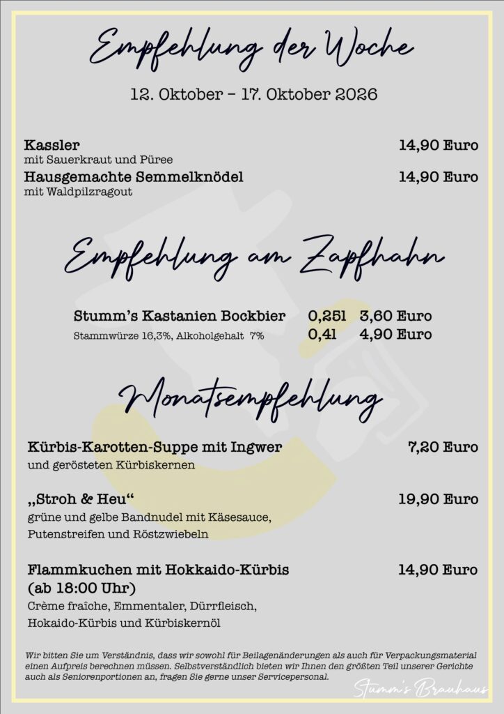 Empfehlung der Woche KW 42 – Speisekarte von Stumm’s Brauhaus Neunkirchen