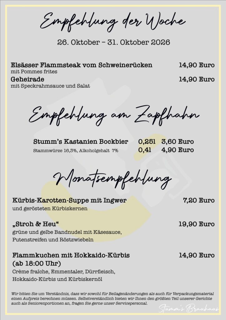 Empfehlung der Woche KW 44 – Speisekarte von Stumm’s Brauhaus Neunkirchen
