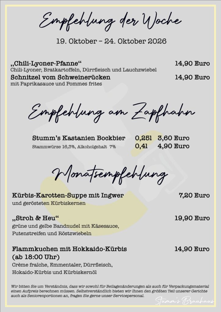 Empfehlung der Woche KW 43 – Speisekarte von Stumm’s Brauhaus Neunkirchen